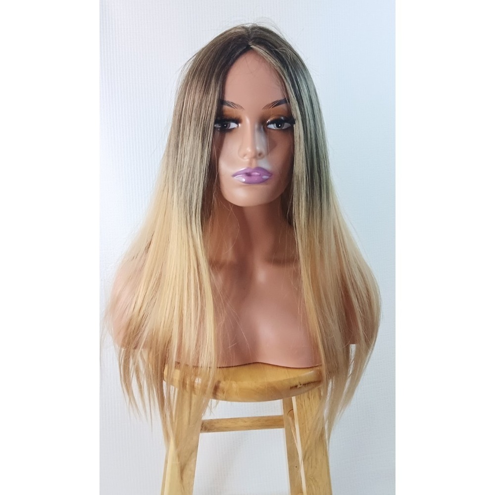 Women's straight Long synthetic Grey silver w/ blonde Highlights hair wig 30"